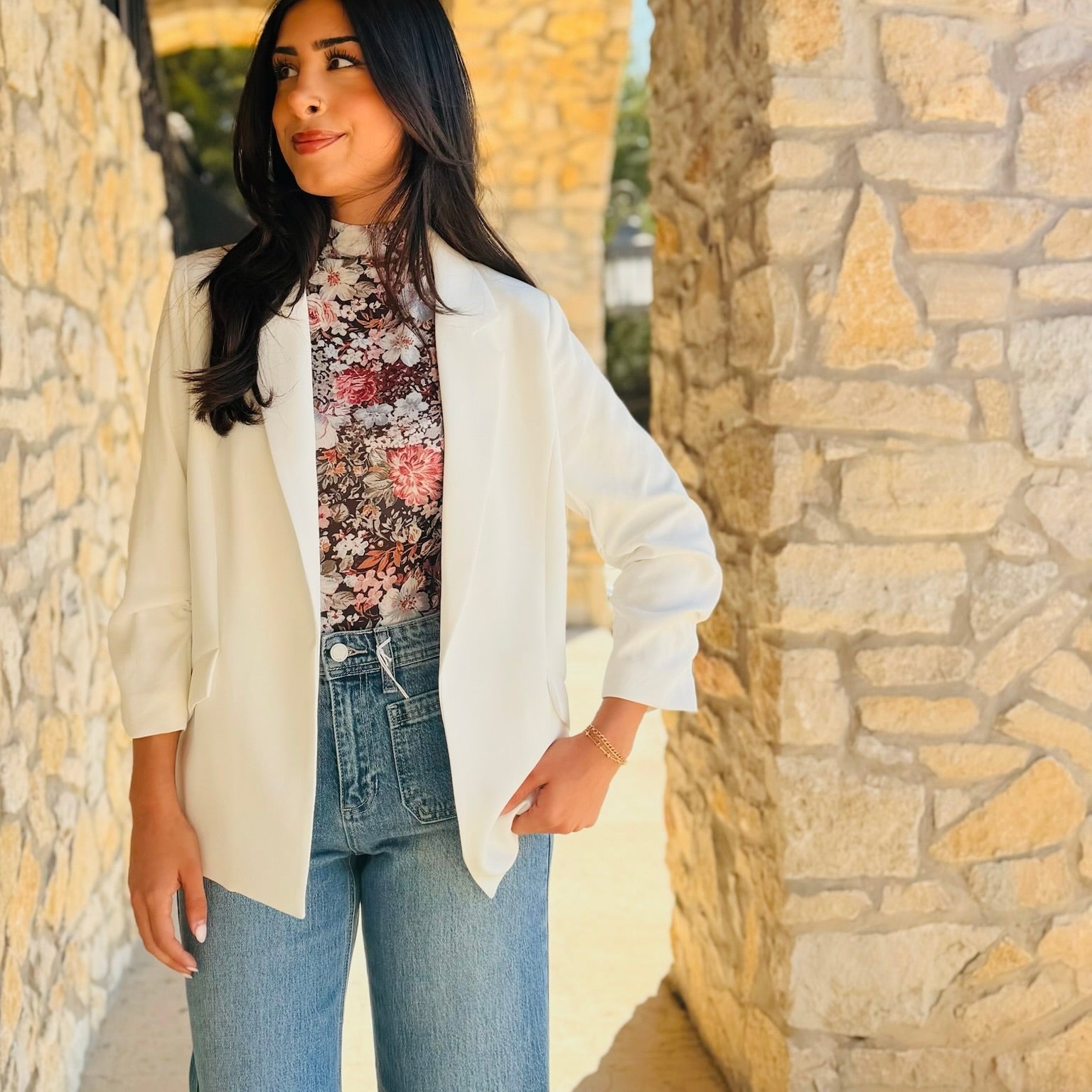 Main Attraction Shirred Sleeve Classic Blazer