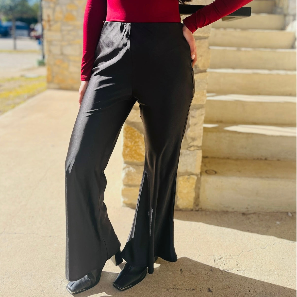 high waisted flare dress pants All Glammed Up Satin Rise Black / M draped fold-over collar Charleston White Fringe Dress this tall pant features Color:As Picture:Pink/Nude