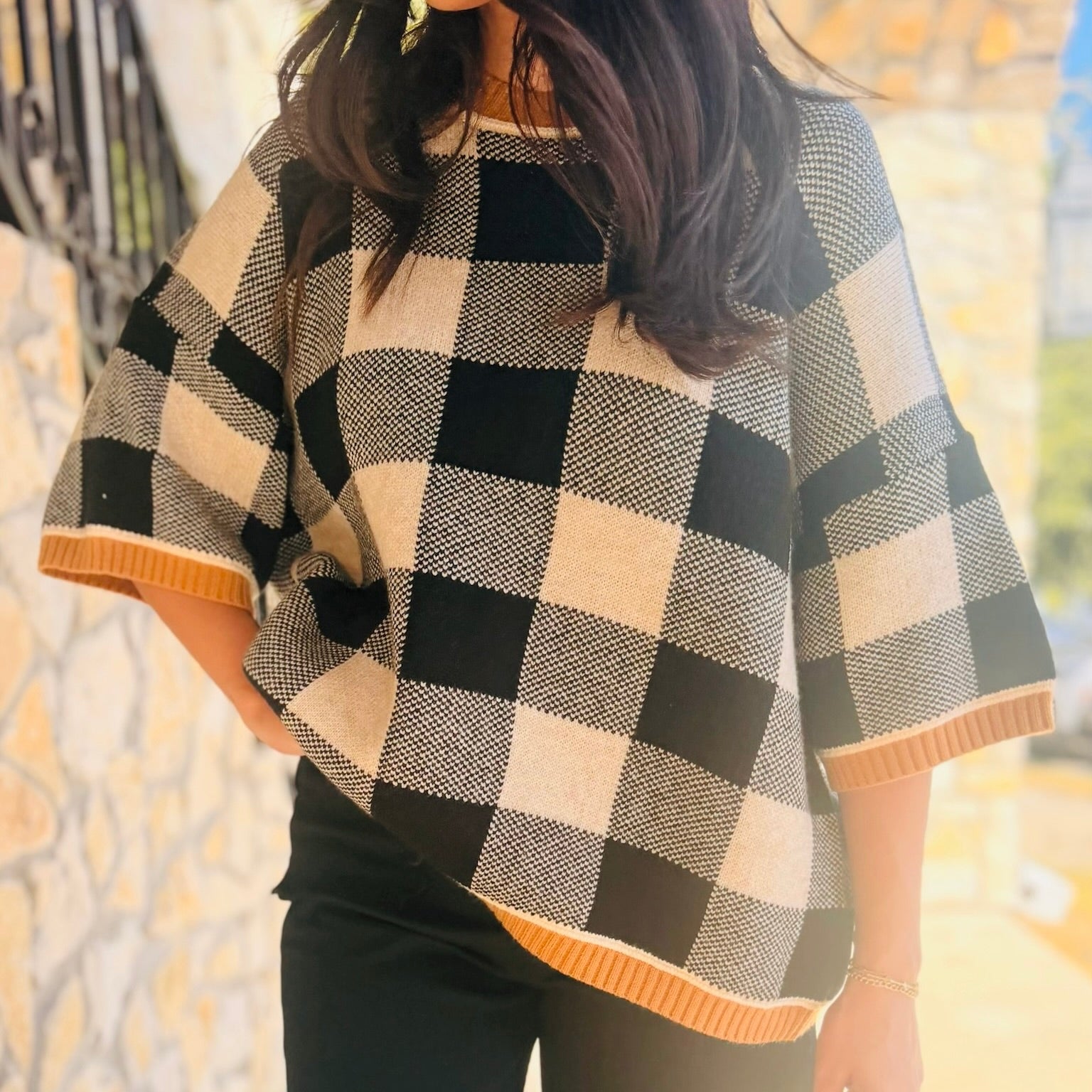 The Cozy Cabin Gingham Drop Shoulder Sweater