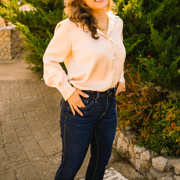 satin blouse, silky button up top, classic collared blouse, long sleeve satin shirt, relaxed fit blouse, polished work blouse, date night top, chic satin button down, versatile wardrobe staple, timeless satin blouse, soft silky feel blouse, solid color satin top, elevated everyday blouse, office to evening top, best selling satin blouse, smooth satin shirt, recycled polyester blouse, sophisticated satin top, chest pocket blouse, effortless chic satin blouse