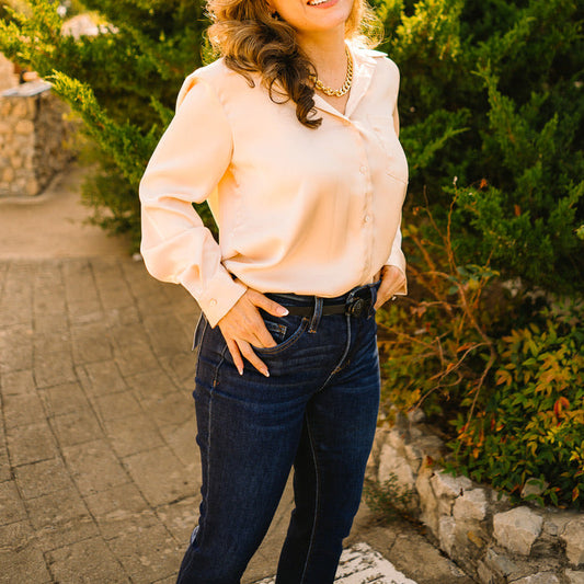 satin blouse, silky button up top, classic collared blouse, long sleeve satin shirt, relaxed fit blouse, polished work blouse, date night top, chic satin button down, versatile wardrobe staple, timeless satin blouse, soft silky feel blouse, solid color satin top, elevated everyday blouse, office to evening top, best selling satin blouse, smooth satin shirt, recycled polyester blouse, sophisticated satin top, chest pocket blouse, effortless chic satin blouse