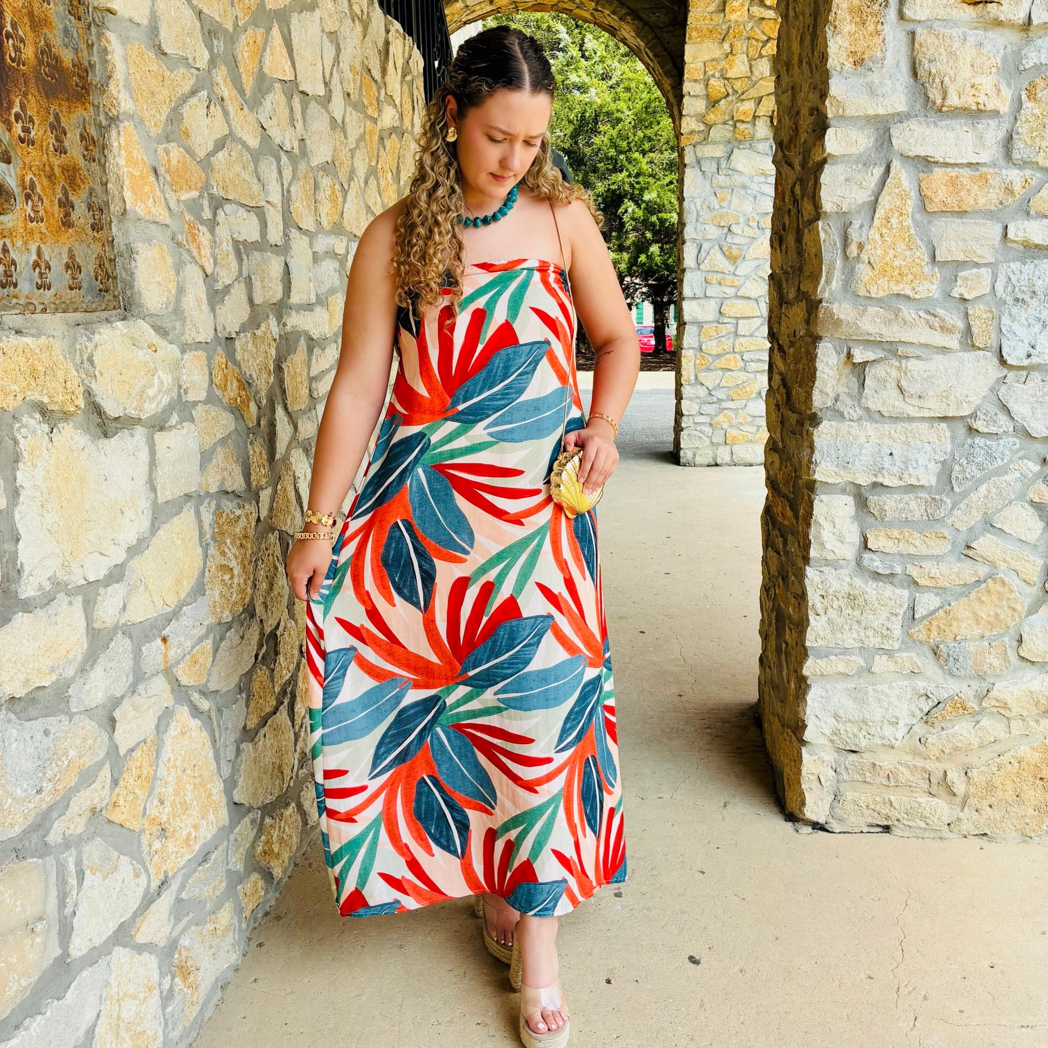 Lagoon Daze Palm Print Strapless Maxi Dress