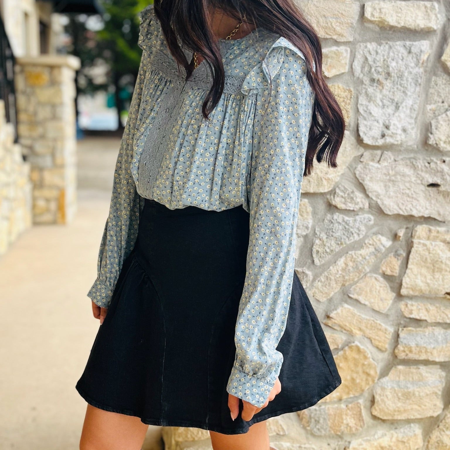 black flare mini skirt, black denim mini skirt, flared mini skirt, stretchy mini skirt, black skirt for all seasons, versatile mini skirt, year-round skirt, fall mini skirt, winter mini skirt, spring mini skirt, summer mini skirt, mini skirt with back zipper, casual black skirt, dressy black mini skirt, comfortable denim skirt, black skirt with stretch, soft denim mini skirt, high waist mini skirt, game day skirt, transitional mini skirt, wardrobe staple skirt, everyday black skirt, flattering mini skirt