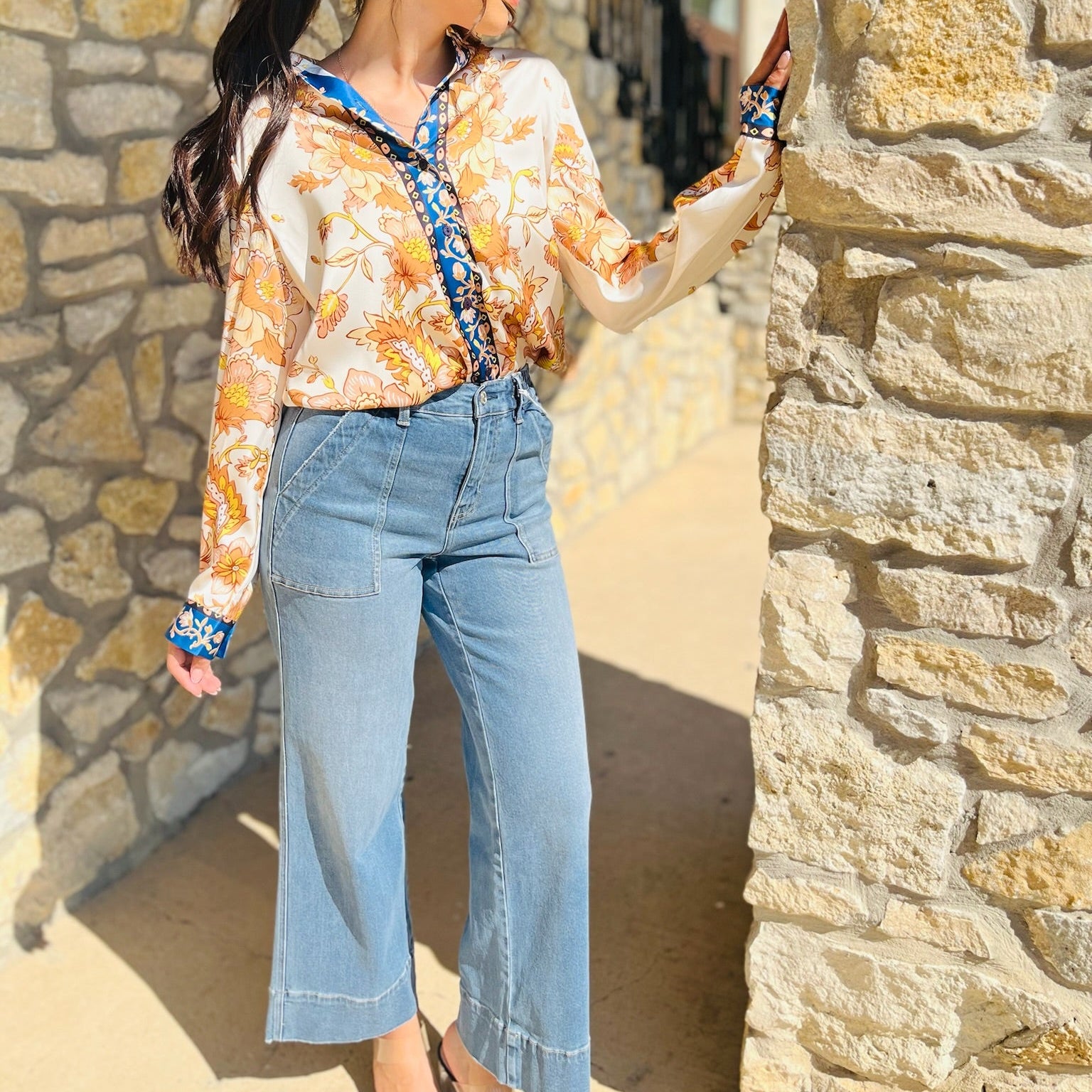 satin floral blouse, navy floral blouse, gold border blouse, button down satin top, collared floral shirt, dressy blouse for work, fall satin blouse, polished button down, long sleeve satin blouse, floral print top, navy and gold blouse, date night blouse, statement blouse, elegant satin shirt, boutique blouse, feminine satin top, silky floral blouse, modern floral blouse, chic workwear top