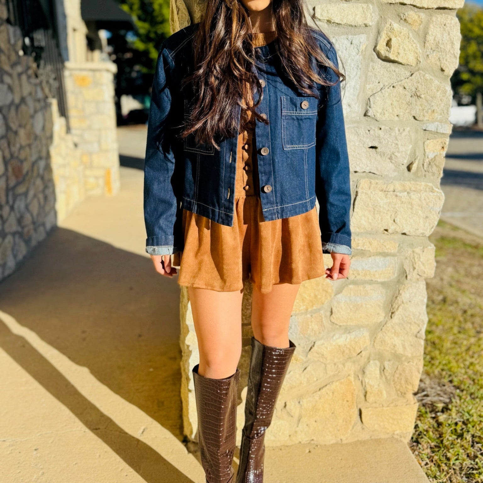 cropped denim jacket, dark wash denim jacket, women’s denim jacket, button down jean jacket, boutique denim jacket, classic jean jacket, casual denim jacket, fall layering piece, 100% cotton denim, dark wash cropped jacket, trendy denim outfit, matching denim set, timeless jean jacket, everyday denim outerwear, round neck denim jacket, long sleeve denim jacket, stylish denim jacket for women