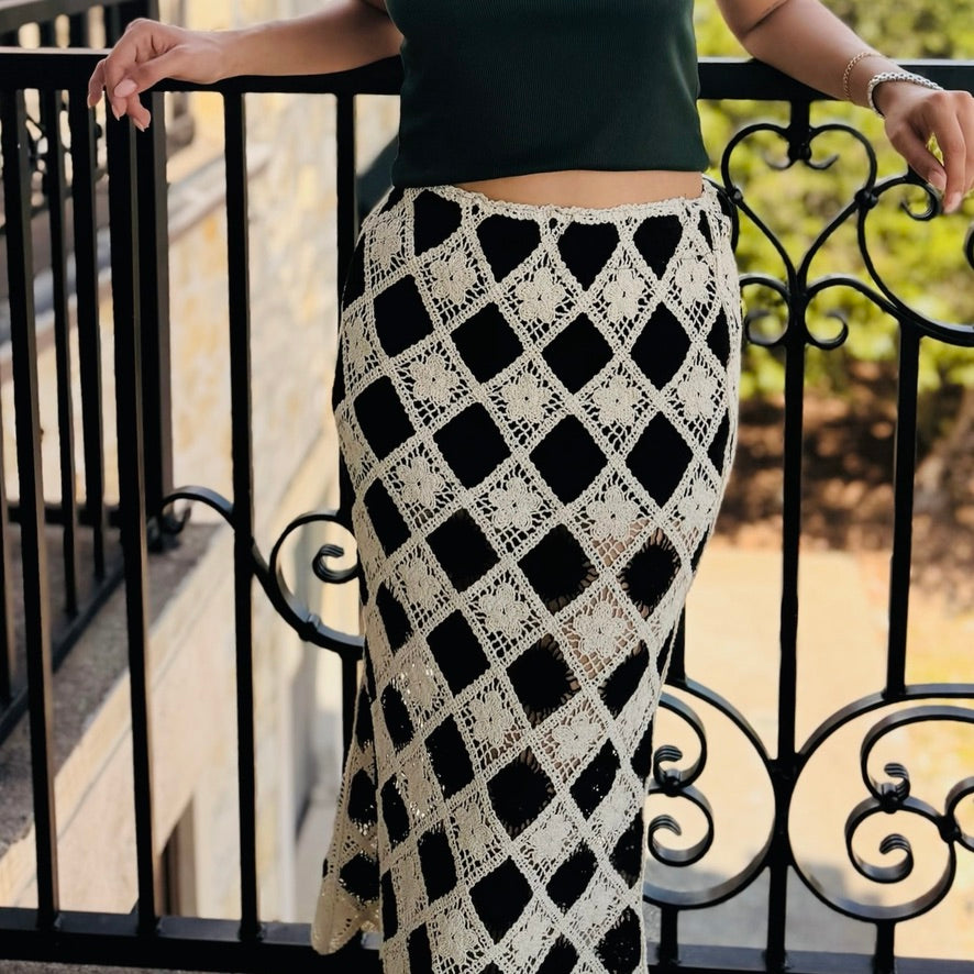 Monaco Mosaic Diamond Floral Crochet Midi Skirt