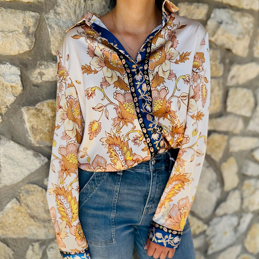 satin floral blouse, navy floral blouse, gold border blouse, button down satin top, collared floral shirt, dressy blouse for work, fall satin blouse, polished button down, long sleeve satin blouse, floral print top, navy and gold blouse, date night blouse, statement blouse, elegant satin shirt, boutique blouse, feminine satin top, silky floral blouse, modern floral blouse, chic workwear top