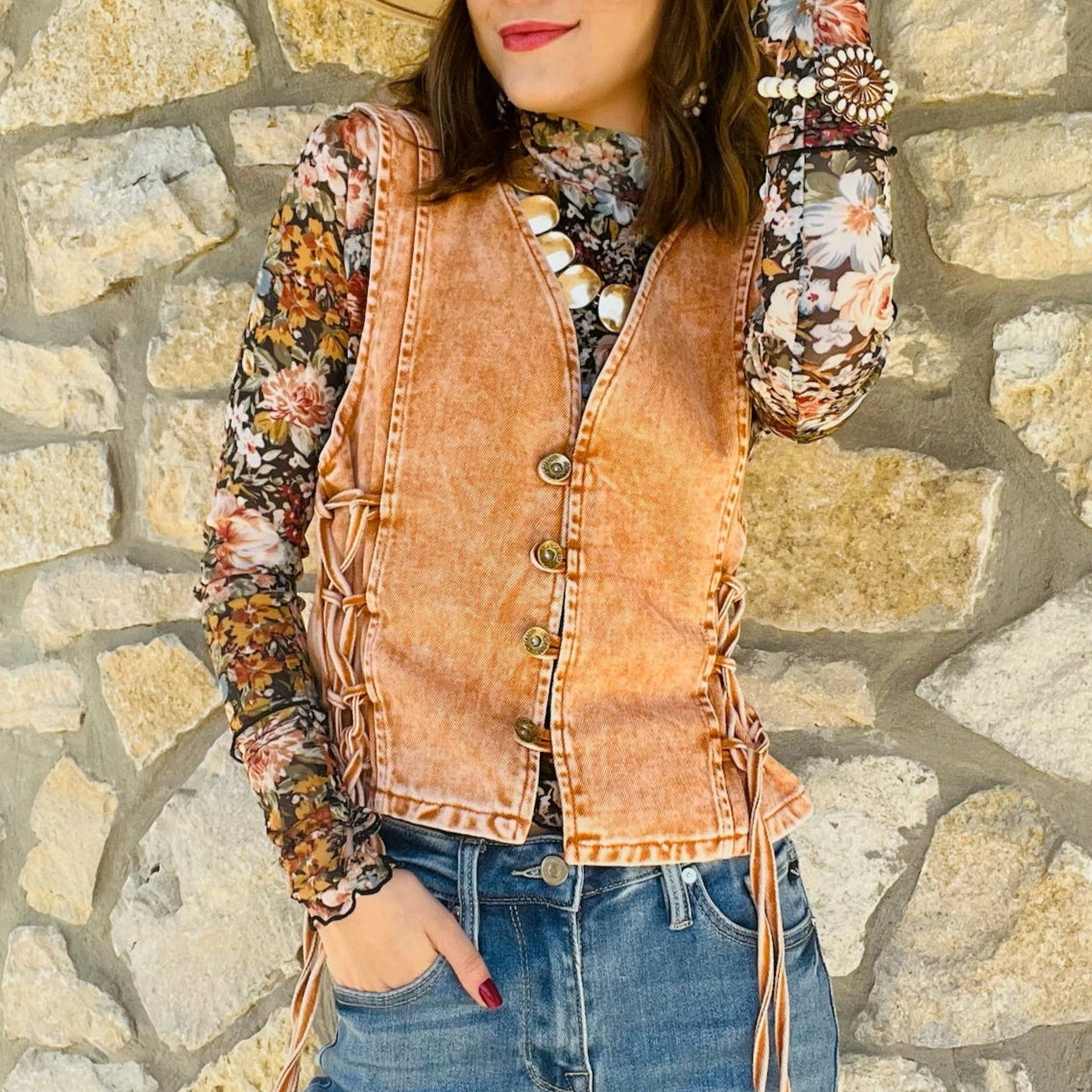 denim vest, lace up denim vest, boho denim vest, western denim vest, sleeveless denim top, v-neck denim vest, button up vest, festival denim vest, concert outfit vest, rodeo outfit vest, denim vest for layering, rust denim vest, tan denim vest, solid color vest, cowgirl style vest, lace up side vest, denim statement piece, summer to fall vest, country concert outfit, boho western outfit, denim vest top, sleeveless western top, trendy denim vest, western chic vest