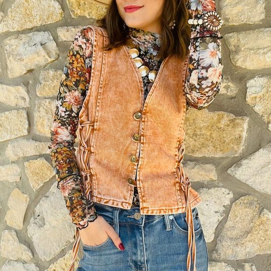 denim vest, lace up denim vest, boho denim vest, western denim vest, sleeveless denim top, v-neck denim vest, button up vest, festival denim vest, concert outfit vest, rodeo outfit vest, denim vest for layering, rust denim vest, tan denim vest, solid color vest, cowgirl style vest, lace up side vest, denim statement piece, summer to fall vest, country concert outfit, boho western outfit, denim vest top, sleeveless western top, trendy denim vest, western chic vest