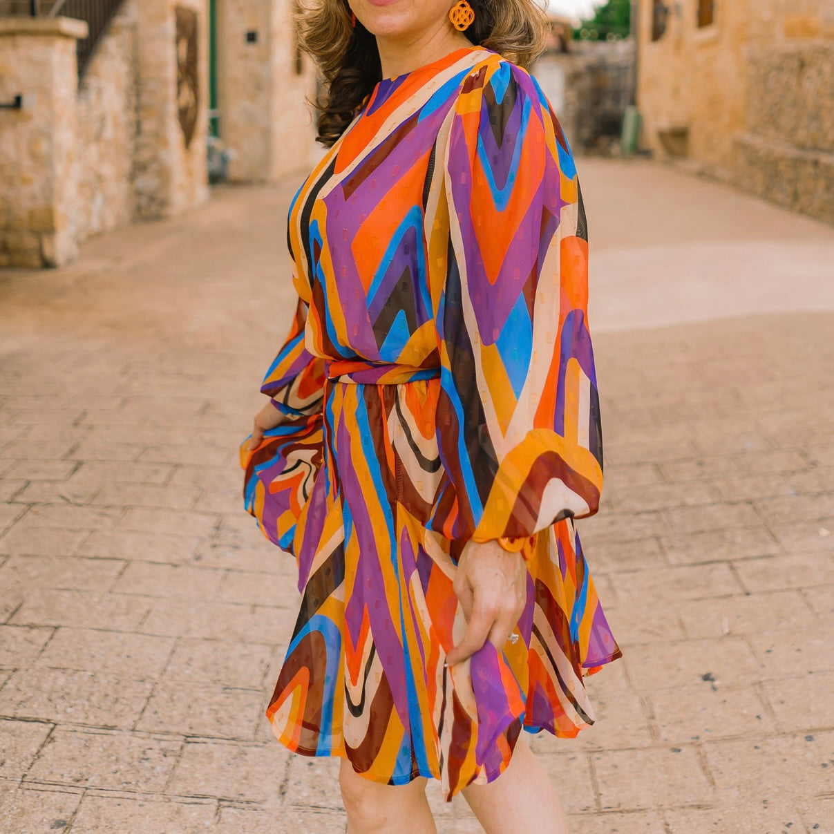 fall mini dress, multicolor mini dress, long sleeve dress, smocked cuff dress, elastic waist dress, tie waist dress, round neck dress, metallic detail dress, woven fabric dress, fall outfit, autumn dress, party mini dress, date night dress, boutique dress, lightweight mini dress, flattering silhouette dress, colorful fall dress, trendy mini dress, feminine fall style