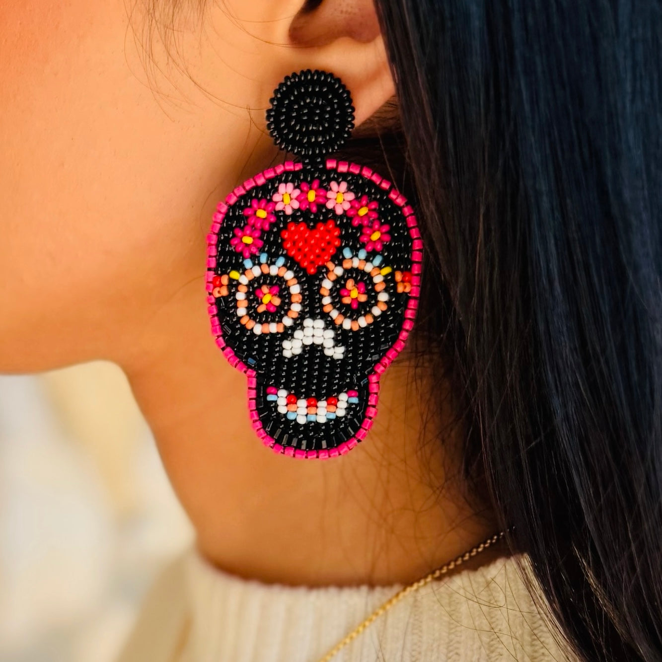 Puebla Fiesta Skull Beaded Earrings