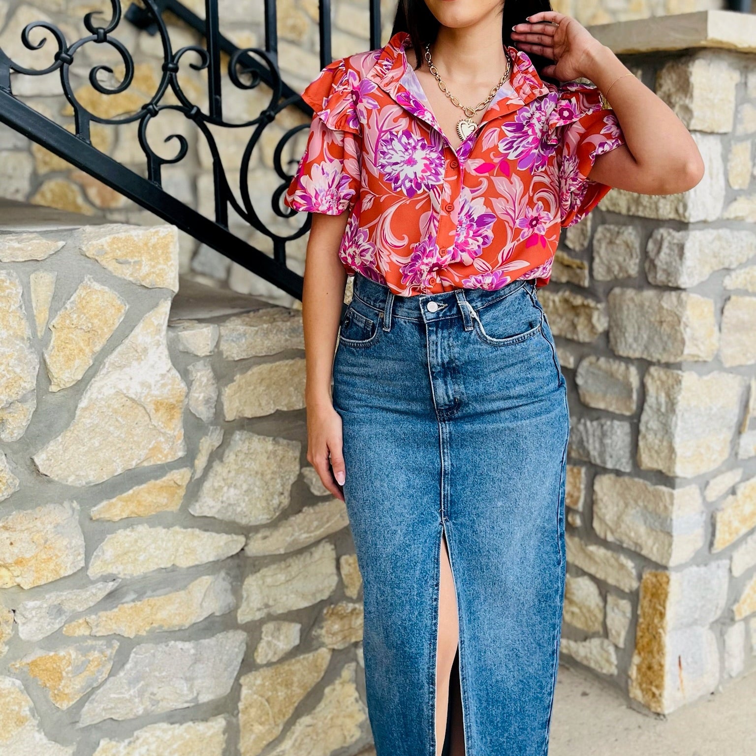 ruffle print top, multicolor blouse, feminine printed top, high neck blouse, button down ruffle top, woven short sleeve top, colorful patterned blouse, timeless printed blouse, chic ruffle sleeve top, classic feminine top, vibrant print blouse, summer to fall top, dressy casual blouse, statement print top, lightweight woven blouse, stylish multicolor top, trendy ruffle blouse, polished printed top, playful pattern blouse, versatile dressy top