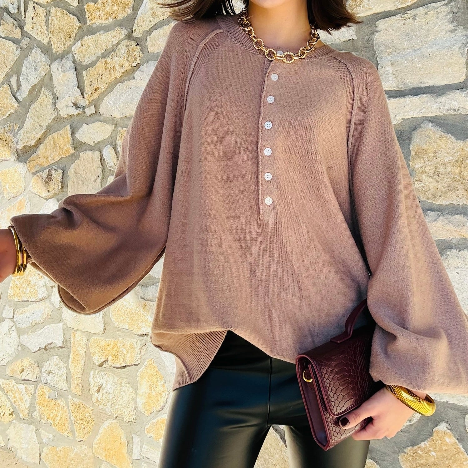 Countryside Charm Henley Balloon Sleeve Sweater