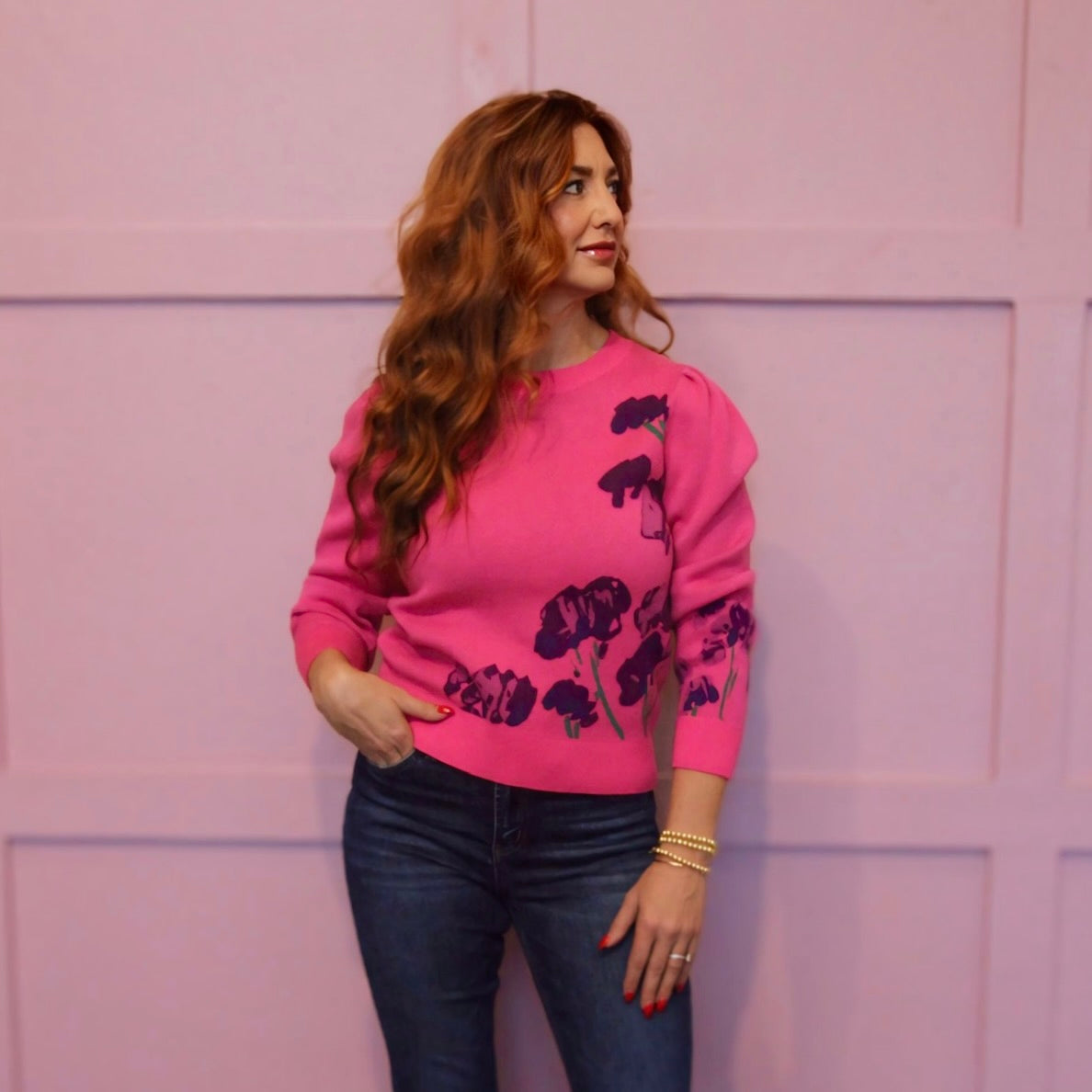 Natalia Fuchsia Floral Long Sleeve Sweater