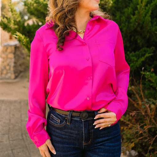 satin blouse, silky button up top, classic collared blouse, long sleeve satin shirt, relaxed fit blouse, polished work blouse, date night top, chic satin button down, versatile wardrobe staple, timeless satin blouse, soft silky feel blouse, solid color satin top, elevated everyday blouse, office to evening top, best selling satin blouse, smooth satin shirt, recycled polyester blouse, sophisticated satin top, chest pocket blouse, effortless chic satin blouse