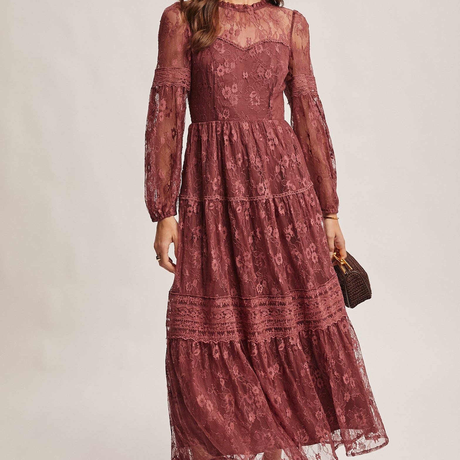 Midnight Merlot Tiered Lace Maxi Dress