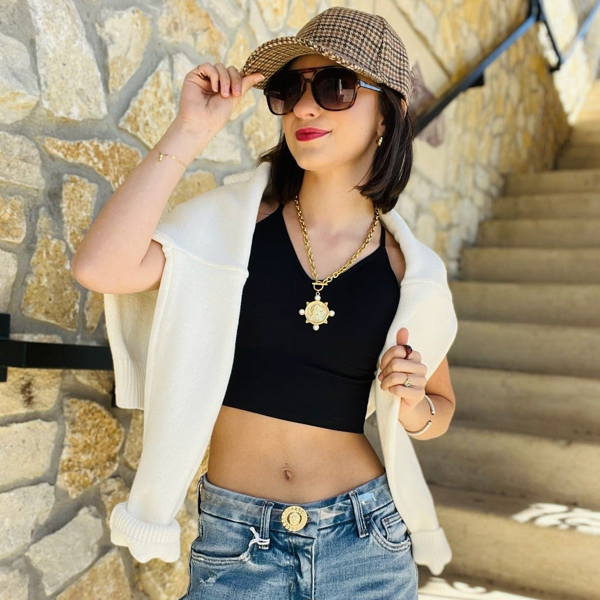 charm necklace, coin pendant necklace, pearl detail necklace, toggle clasp necklace, gold chain statement necklace, water resistant necklace, thick chain necklace, elegant coin charm jewelry, modern pearl charm necklace, versatile layering necklace, gold charm pendant necklace, holiday statement necklace