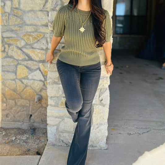 short sleeve sweater, cable knit sweater, puff sleeve sweater, textured knit top, fall staple sweater, olive sweater, cinnamon sweater, cream sweater, business casual top, professional fall outfit, chic knit blouse, transitional fall fashion, boutique sweater top, cable texture pullover, women’s fall style, cozy yet polished sweater, short sleeve fall knit, elevated basic top, versatile fall outfit, classic round neck sweater, neutral fall tones, layered office outfit, knit top for work