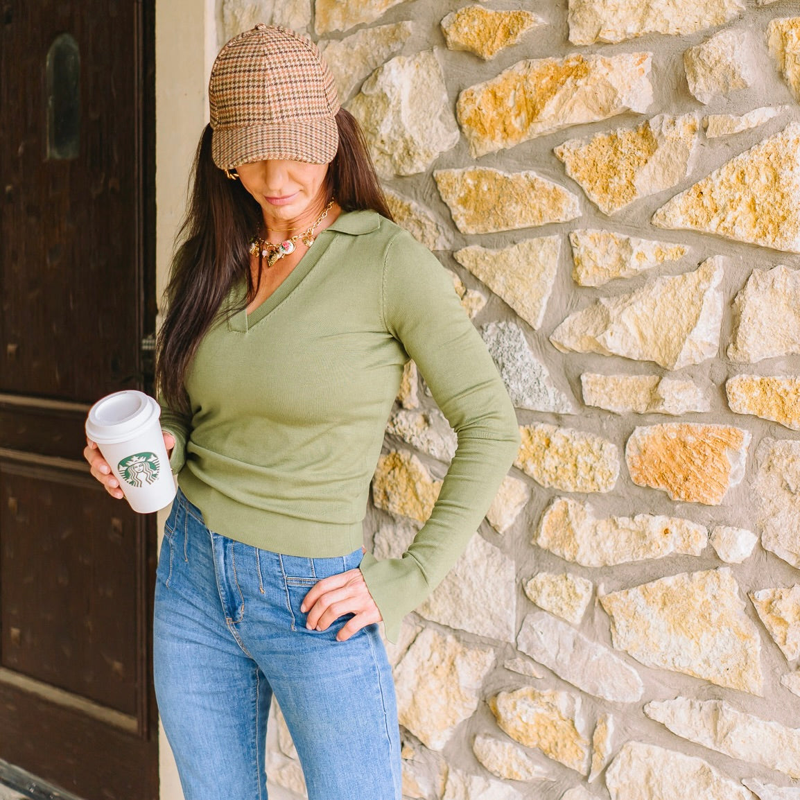 knit polo sweater, lightweight sweater, fall sweater top, collared v-neck sweater, polo knit top, versatile fall staple, classic knit sweater, long sleeve polo top, transitional sweater, chic lightweight knit, timeless fall sweater, neutral wardrobe essential, work to weekend outfit, minimalist sweater, classy knit top, solid color sweater, soft knit polo, everyday fall top, sleek silhouette sweater, cozy chic knit