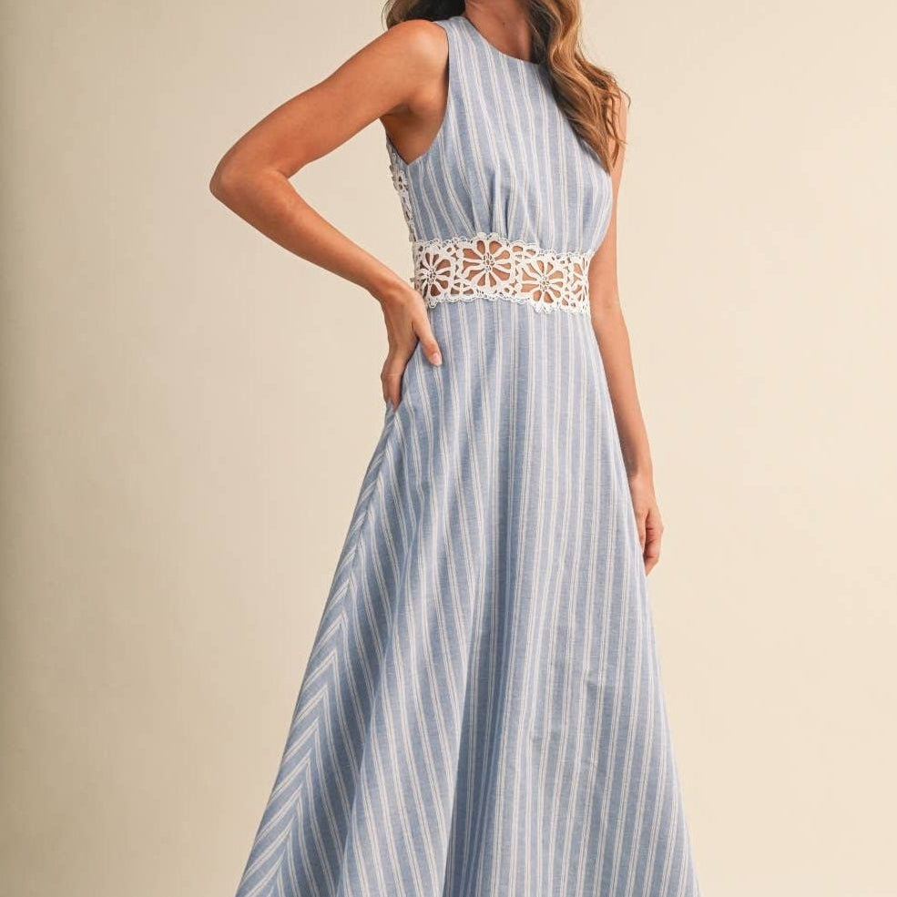 Graceful Romance Striped Lace Trim Open Back Midi Dress