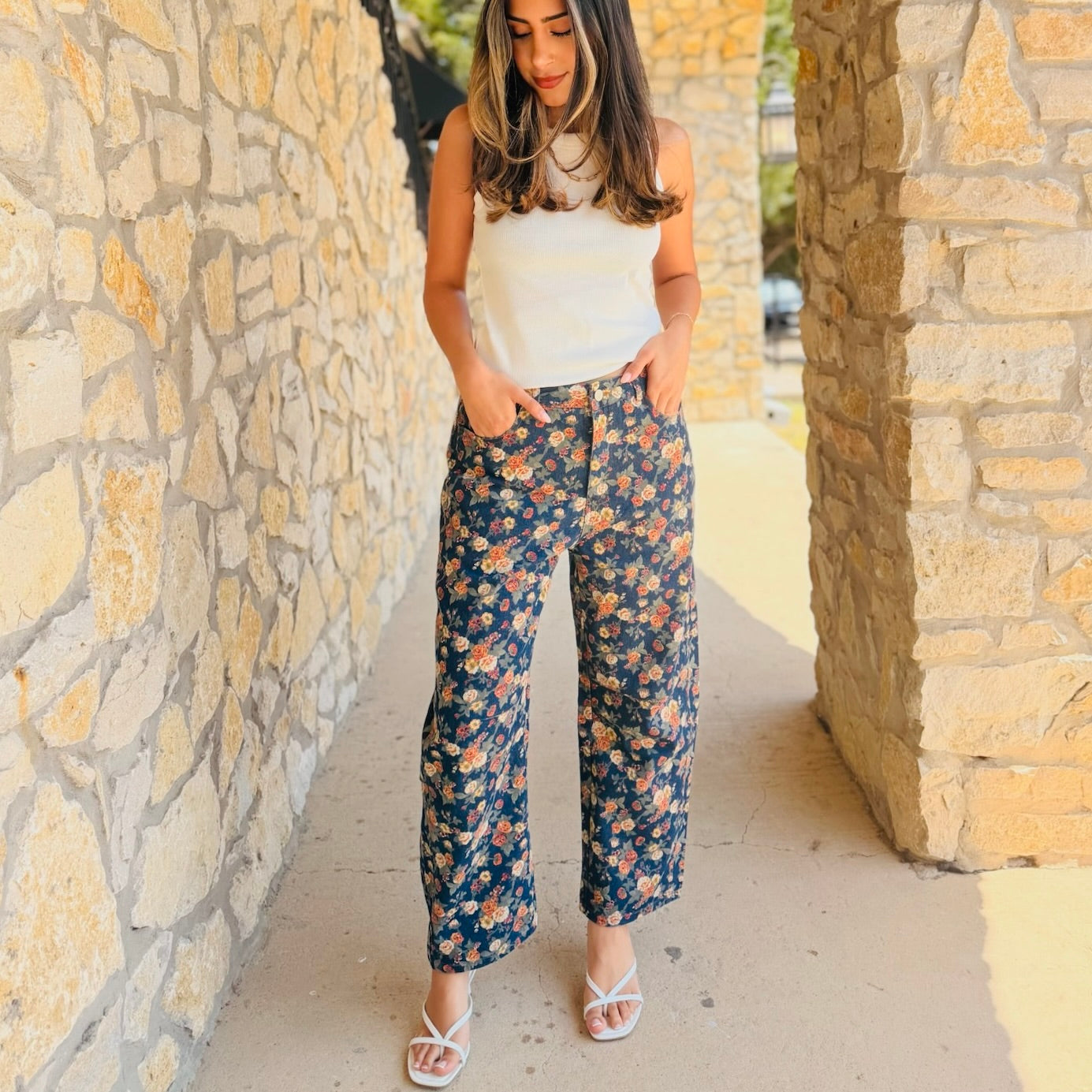 Sunset Garden Mineral Washed Floral Denim Barrel Pants
