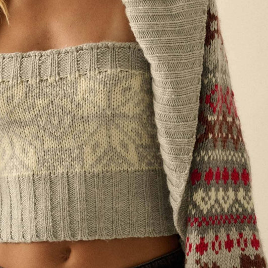 alpine knit set, winter tube top and shrug, snowflake knit set, tube top and cardigan set, strapless winter top, shrug cardigan outfit, cozy knit two piece set, alpine pattern sweater set, winter co-ord set, knit shrug with tube top, ribbed knit tube top, snowflake sweater top, cropped cardigan and top set, winter layering set, holiday outfit set, soft knit winter top, long sleeve shrug cardigan, cozy winter knitwear, festive sweater set, cold weather outfit set, knitwear two piece, alpine aesthetic outfit,