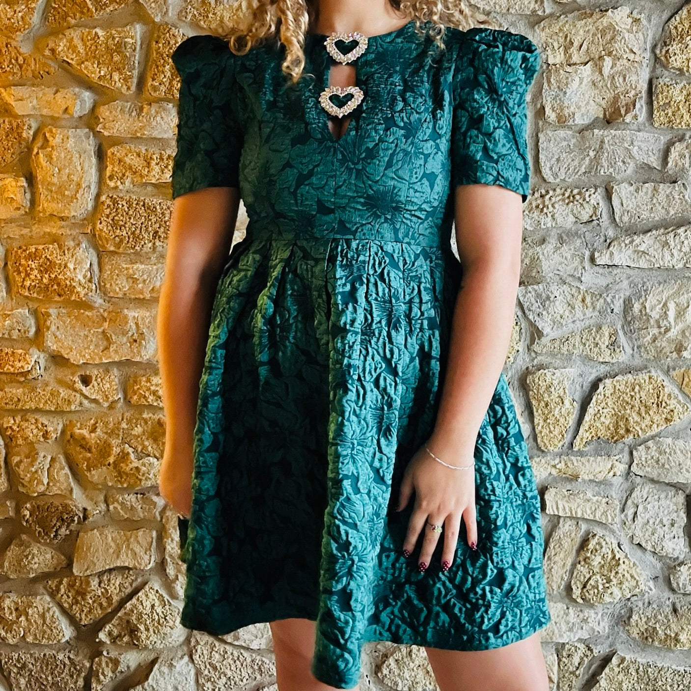 holiday party dress, emerald green mini dress, jewel tone dress, Christmas dress, festive dress, winter event outfit, jacquard puff sleeve dress, rhinestone trim dress, flattering holiday dress, Nutcracker outfit, holiday work party look, pleated skirt mini dress, thick material dress, emerald jacquard mini, chic holiday fashion, fur coat outfit idea, statement holiday style, boutique Christmas outfit, elegant holiday dress, mckinney texas dresses, boutique dresses, shop local