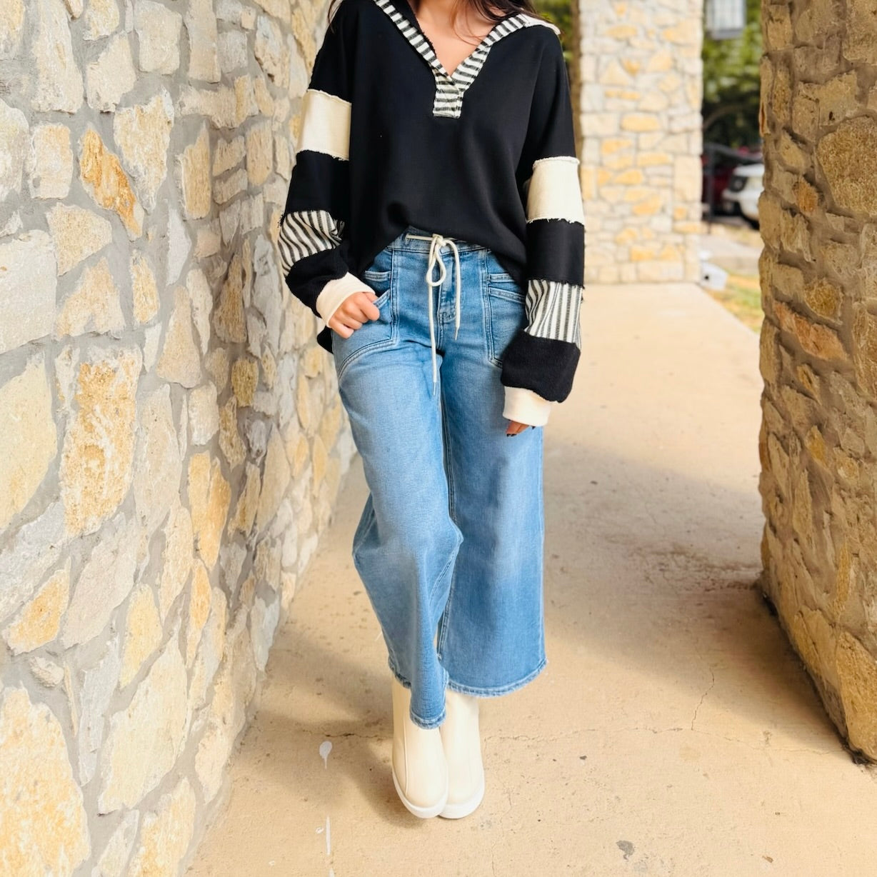Luanna High Rise Drawstring Waistband Wide Leg Jeans