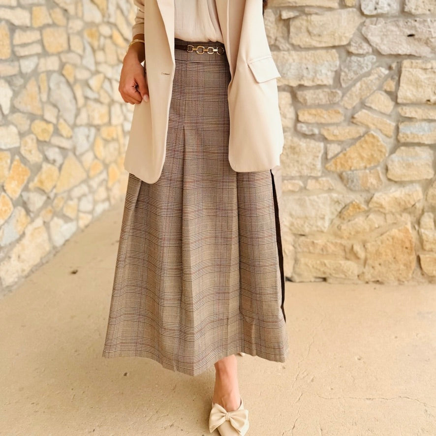 After Hours Plaid Pleated Midi Skirt
