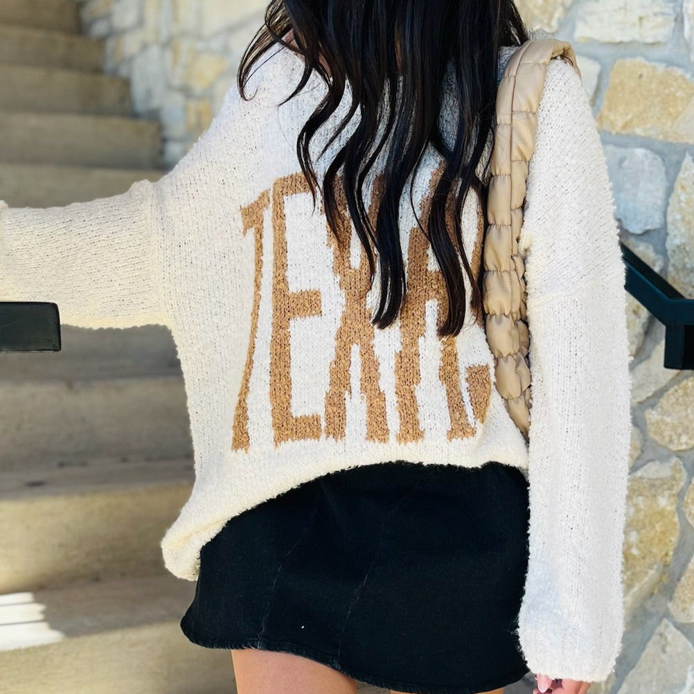 Texas sweater, Texas boatneck sweater, ivory Texas sweater, Texas graphic sweater, oversized Texas sweatshirt, relaxed fit Texas sweater, boat neck graphic sweater, caramel lettered sweater, soft Texas sweater, cozy Texas sweatshirt, game day Texas outfit, cute Texas pullover, long sleeve Texas sweater, Texas pride clothing, Texas lounge sweater, Texas fall sweater, neutral Texas sweater, southern style sweater, women's Texas sweater, comfy Texas graphic sweatshirt, cream boatneck sweater