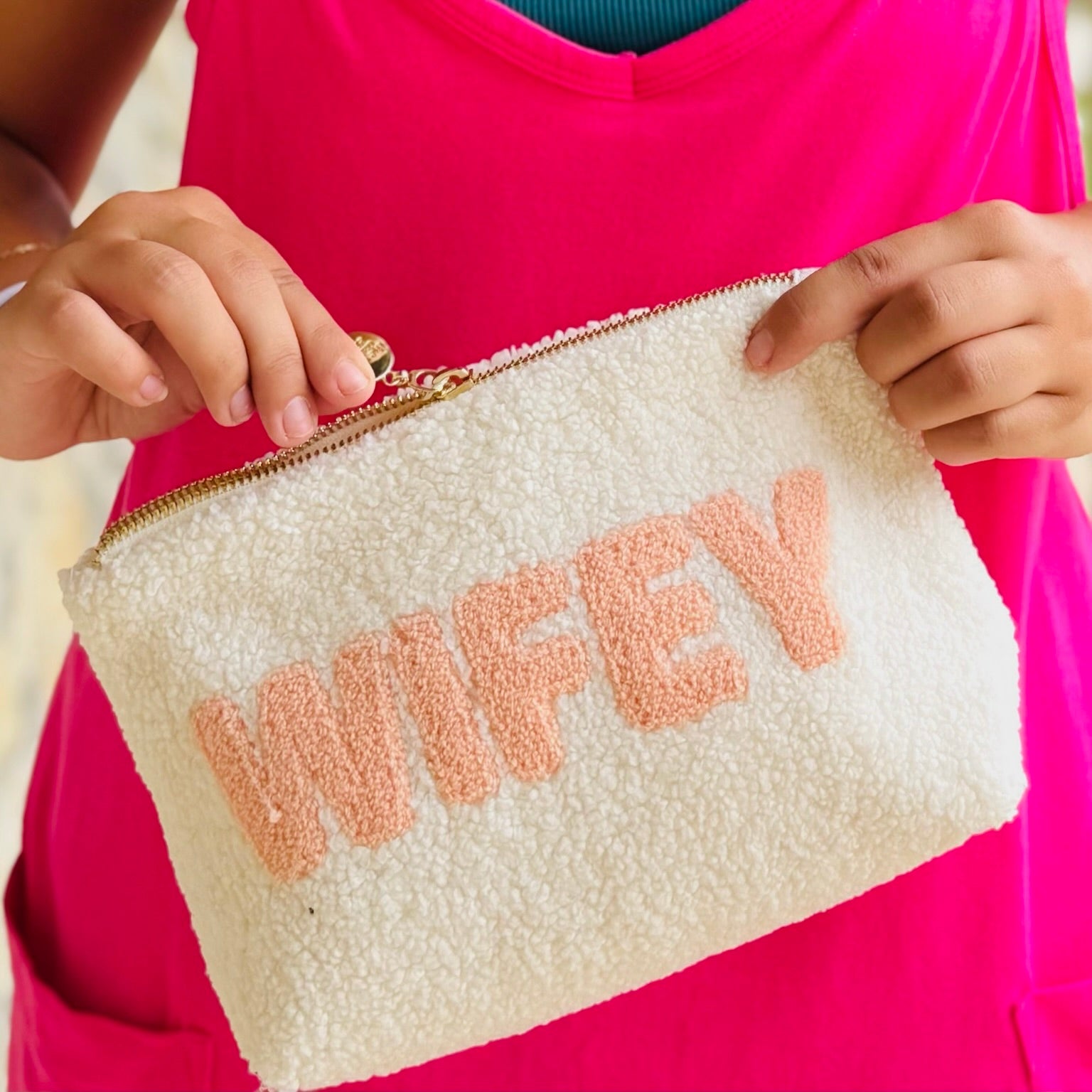 Wifey Cream Teddy Pouch Cosmetics Bag