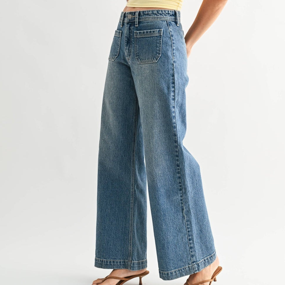 Parker Medium Wash Patch Pocket Wide Leg Jeans
