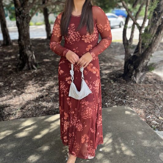 burgundy floral dress, floral mesh dress, romantic fall dress, sheer sleeve dress, mesh midi dress, burgundy mesh dress, moody floral dress, fall wedding guest dress, holiday party dress, long sleeve floral dress, fitted floral dress, flared skirt dress, sheer long sleeve dress, mesh floral midi dress, floral print mesh dress, jewel tone floral dress, asymmetrical paneled dress, round neck floral dress, fall floral mesh dress, winter floral dress, romantic midi dress, chic burgundy dress, layered mesh dress