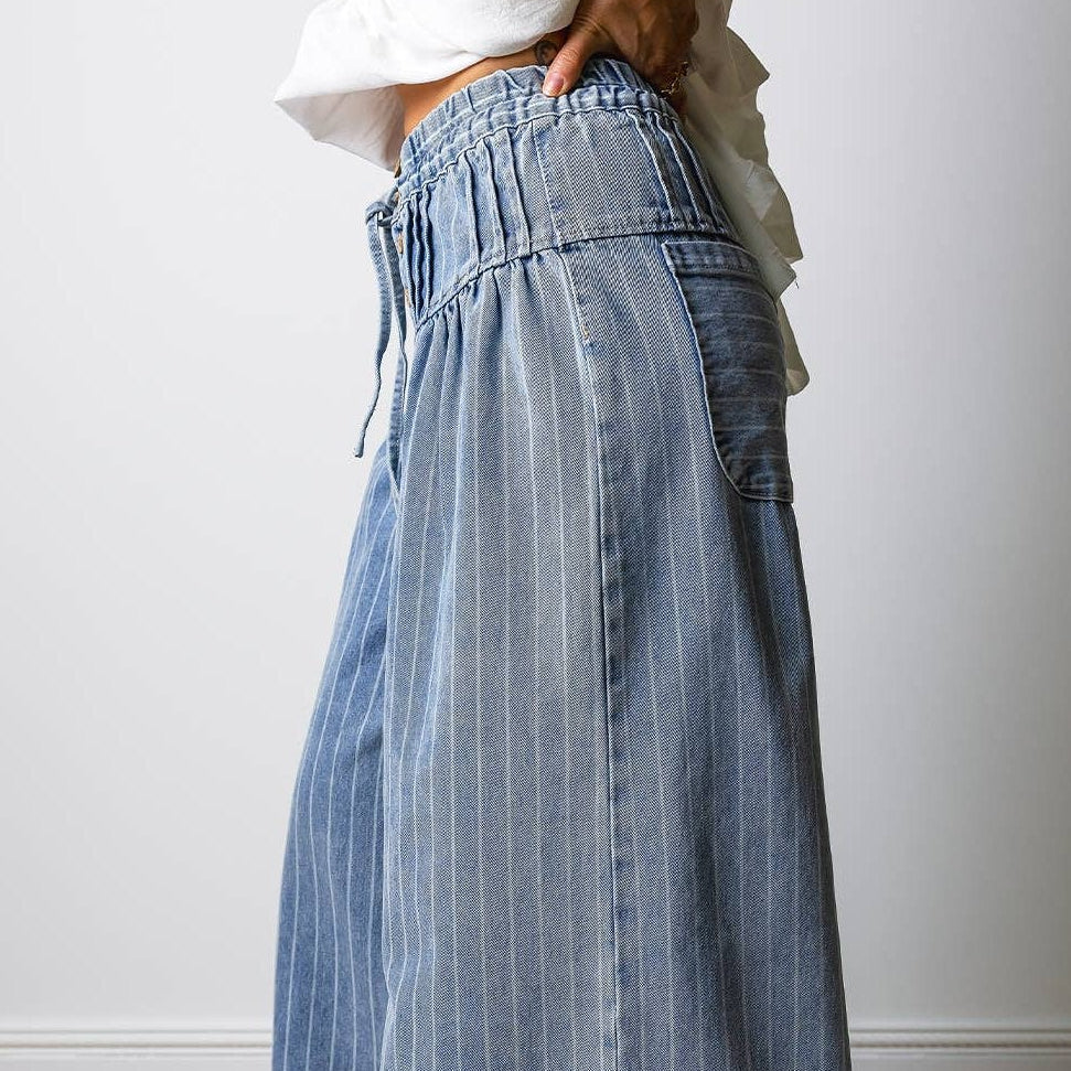 The Hamptons Stripe Button Pleated Drawstring Wide Leg Jeans