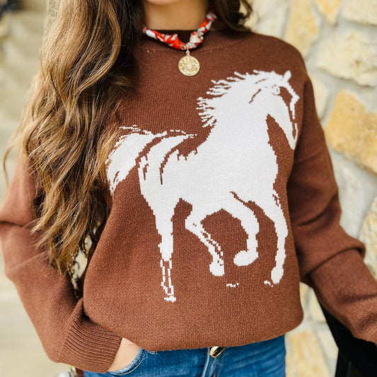 horse graphic sweater, western sweater, brown and ivory knit sweater, cozy horse print sweater, cowgirl style sweater, rodeo outfit top, western chic sweater, relaxed fit knit, fall western fashion, boho cowgirl sweater, rustic horse motif sweater, long sleeve knit top, trendy western sweater, Wild West aesthetic sweater