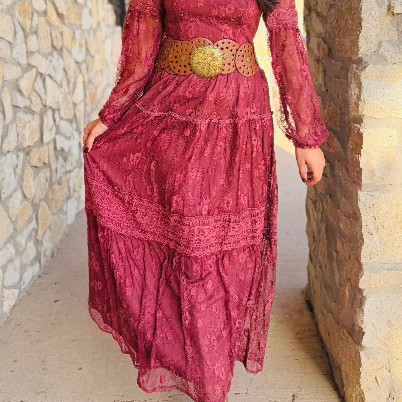 Midnight Merlot Tiered Lace Maxi Dress