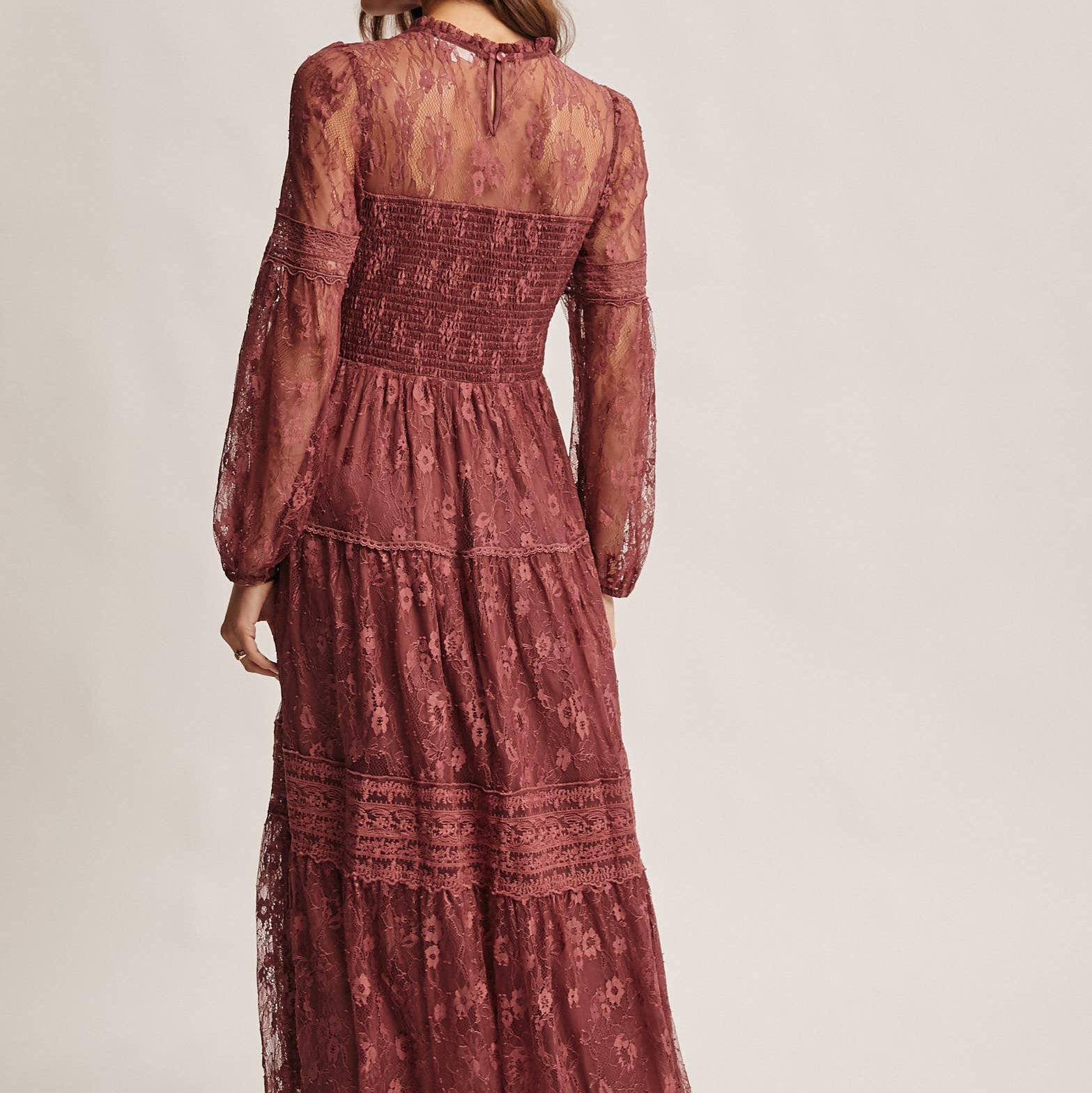 Midnight Merlot Tiered Lace Maxi Dress