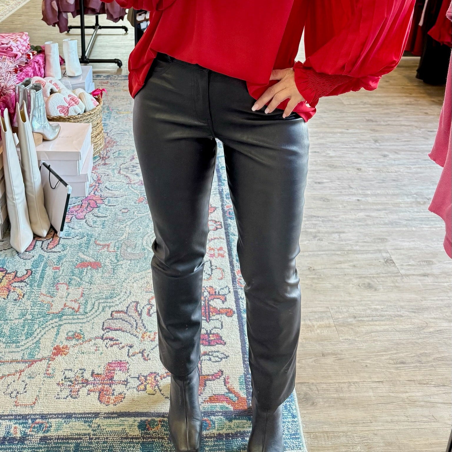 PU leather jeans, faux leather pants, high rise leather jeans, skinny straight leather pants, double button waistband jeans, women’s fall outfit, night out outfit, chic leather bottoms, trendy faux leather denim, sleek leather trousers, high waist jeans, comfort stretch pants, statement leather jeans, edgy fall fashion, black PU pant