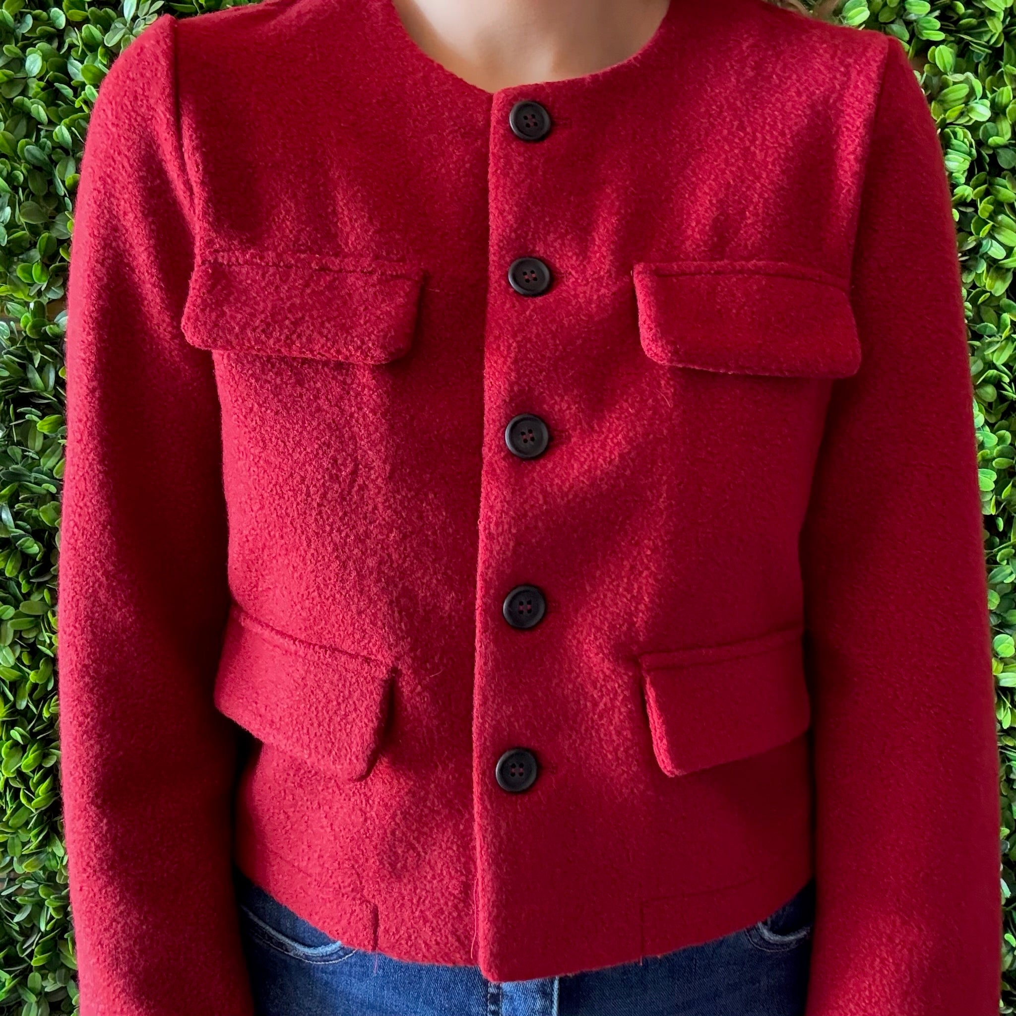 maroon jacket, deep red jacket, fitted jacket, women’s fitted jacket, boutique jacket, layering jacket, round neck jacket, long sleeve jacket, faux pocket jacket, tailored jacket, polished jacket, chic women’s jacket, workwear jacket, office outfit jacket, fall layering piece, winter jacket women, solid color jacket, elevated basics jacket, versatile women’s jacket, timeless women’s outerwear