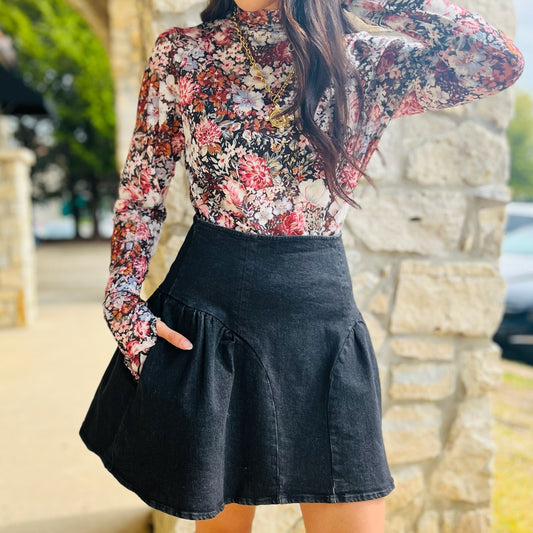 floral print top, fall florals, fall floral top, black floral top, black floral mock neck top, high neck top, ruffled cuff top, fall photos, layering top, fall top, concert top, country concert top, top with thumbholes, thumbhole sleeves top, black floral print top, semi sheer top