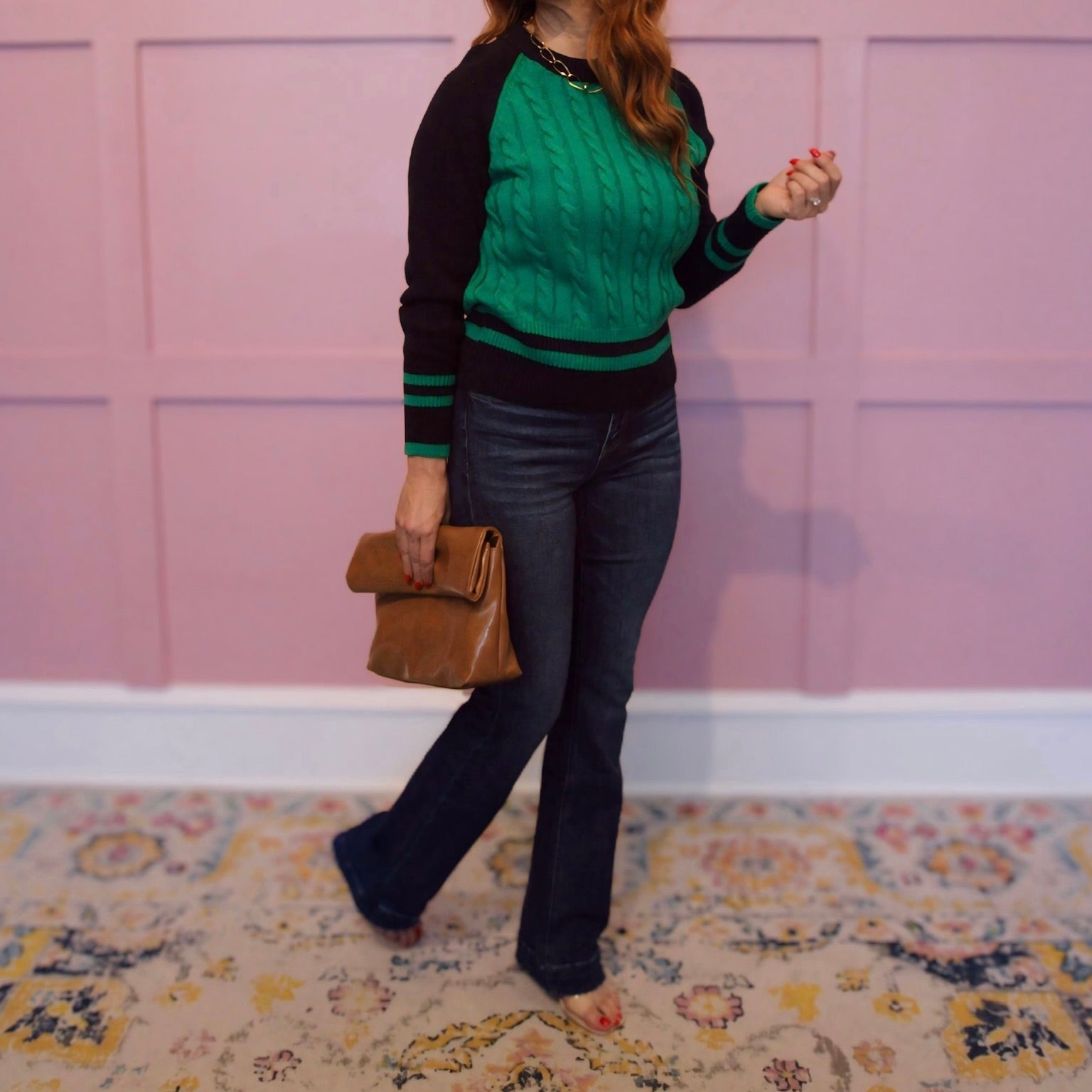 Ivy League Cable Knit Stripe Trim Varsity Sweater