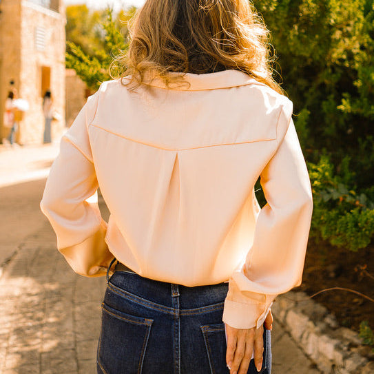 satin blouse, silky button up top, classic collared blouse, long sleeve satin shirt, relaxed fit blouse, polished work blouse, date night top, chic satin button down, versatile wardrobe staple, timeless satin blouse, soft silky feel blouse, solid color satin top, elevated everyday blouse, office to evening top, best selling satin blouse, smooth satin shirt, recycled polyester blouse, sophisticated satin top, chest pocket blouse, effortless chic satin blouse