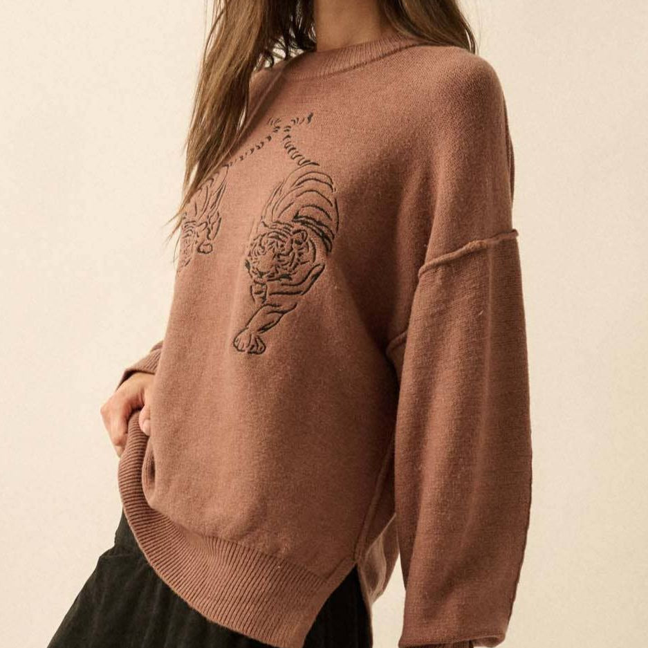 Tiger's Eye Embroidered Exposed-Seam Sweater