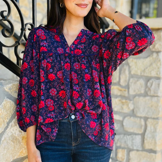 navy floral blouse, fall floral top, red and navy blouse, long sleeve floral blouse, flowy sleeve top, hi-lo blouse, feminine floral blouse, romantic blouse, boho chic floral top, lightweight fall blouse, printed blouse for women, dressy floral blouse, trendy fall top, work to weekend blouse, navy red floral print top