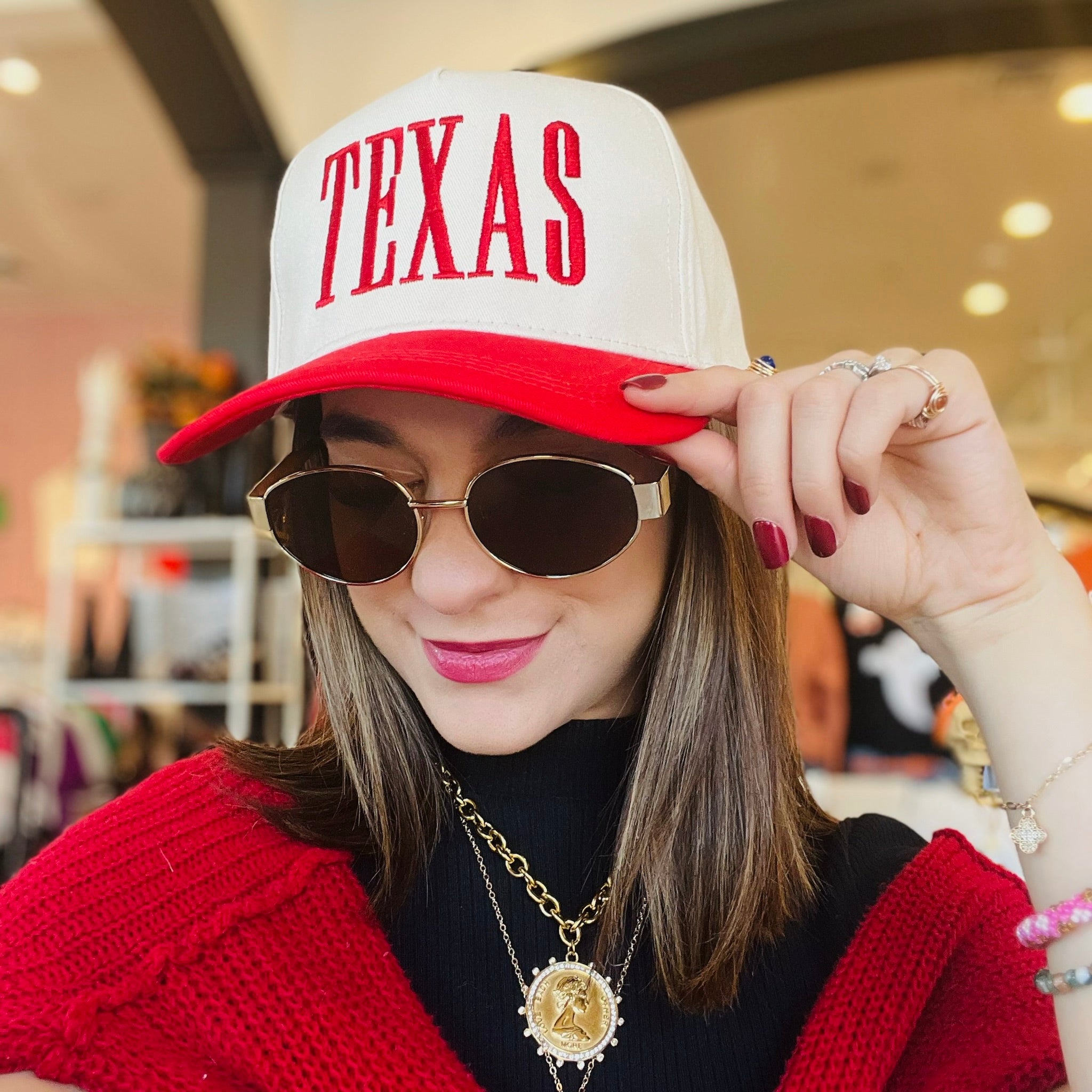 texas hat, lone star hat, texas baseball cap, texas embroidered hat, state pride hat, texas gift idea, red and brown hat, two tone cap, adjustable texas hat, 5 panel baseball cap, texas game day hat, casual texas cap, texas college student gift, texas lover gift, unisex texas hat, cotton texas cap, everyday texas hat, texas trucker hat, texas embroidered baseball cap, texas apparel accessory