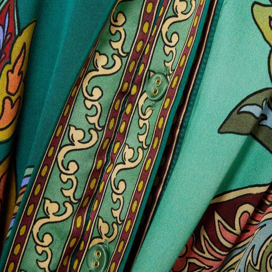 peacock green midi dress, vintage print dress, lantern sleeve dress, collared midi dress, self tie waist dress, printed midi dress, split skirt dress, long sleeve vintage dress, multicolor fall dress, fall floral dress, elegant midi dress, work to weekend dress, green boho dress, retro print midi, flowy printed dress, button front midi dress, modest split dress, peacock inspired outfit, feminine midi dress, polyester midi dress, fall transition dress