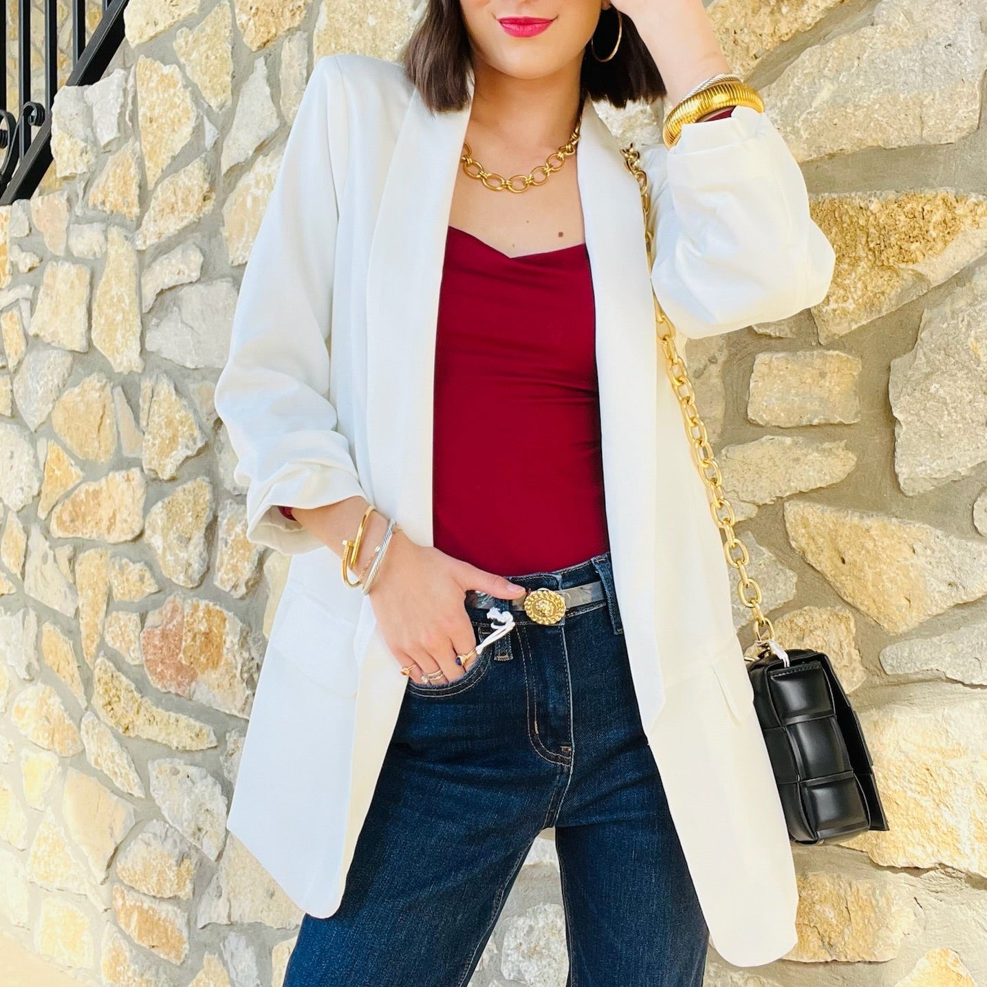 relaxed fit blazer, ruched sleeve blazer, 3/4 sleeve blazer, shoulder pad blazer, dropped shawl collar blazer, flap pocket blazer, versatile women’s blazer, office blazer, dressy casual blazer, polished workwear blazer, boutique blazer, structured yet relaxed blazer, chic everyday blazer, stylish layering blazer, solid color blazer, professional women’s blazer, date night blazer, hand wash blazer, timeless wardrobe blazer, sophisticated blazer for women, forest green blazer, fuchsia blazer, white blazer