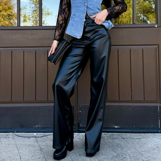 leather pants, vegan leather pants, wide leg pants, black leather pants, zip-fly pants, chic pants, on-trend pants, flattering pants, wardrobe essential, versatile pants, front pockets, back pockets, women's fashion, night out outfit, elevated style, timeless pants, winter style, winter outfits, going out pants, NYE, new years outfit, christmas pants, christmas outfit, winter staples