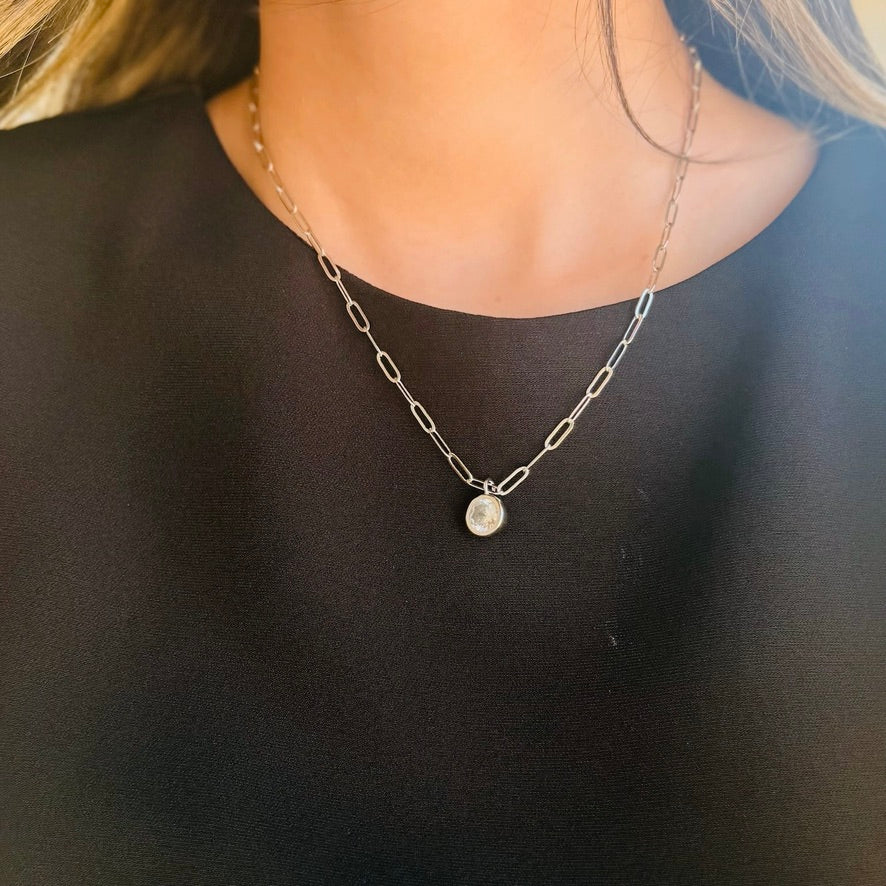 The Solstice Round Bezel Paperclip Chain Pendant Necklace