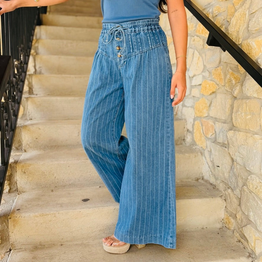 The Hamptons Stripe Button Pleated Drawstring Wide Leg Jeans